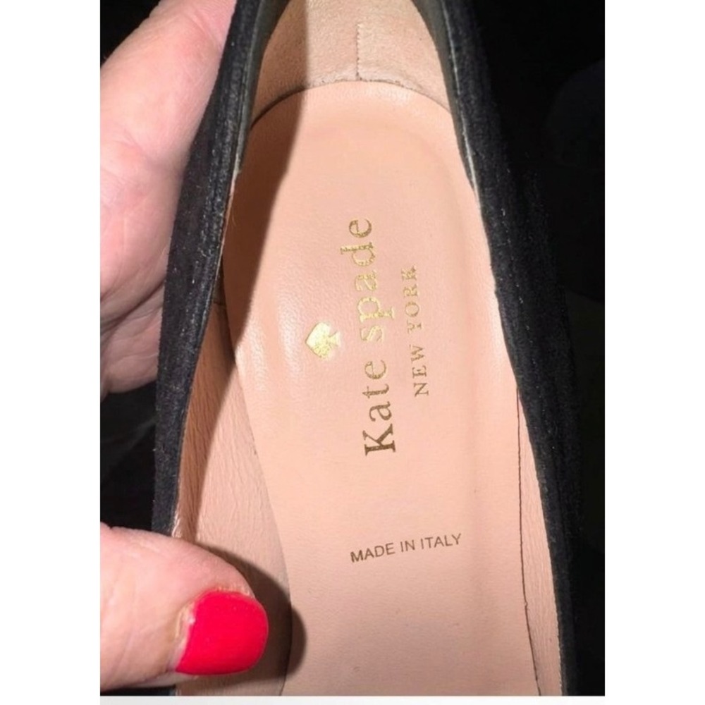 Kate Spade Black Suede Block Heel Pumps Gold Accent Made in Italy Size 8M